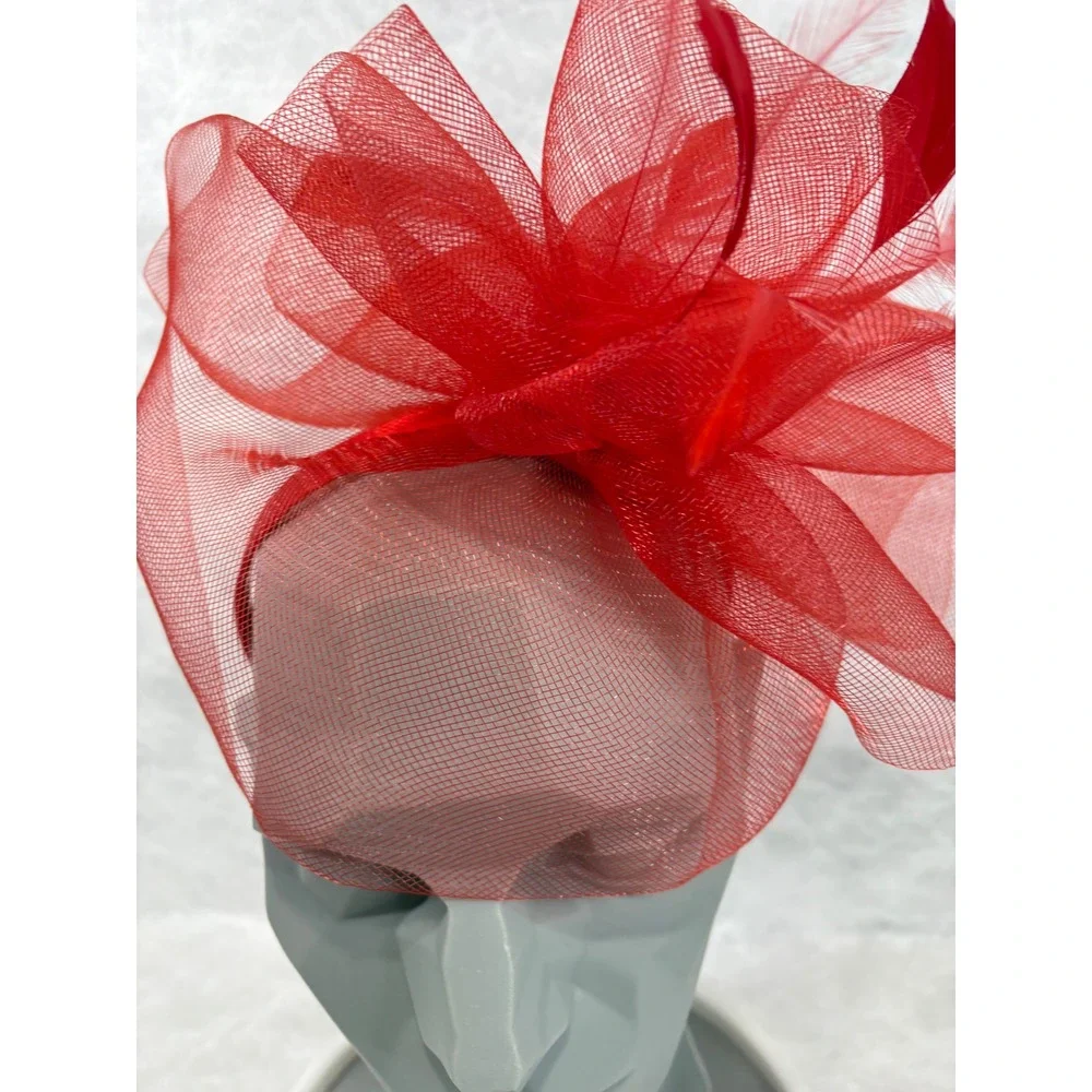 Bellissima‎ Millinery Red Fascinator Headband Mesh Feather Kentucky Derby Hat
